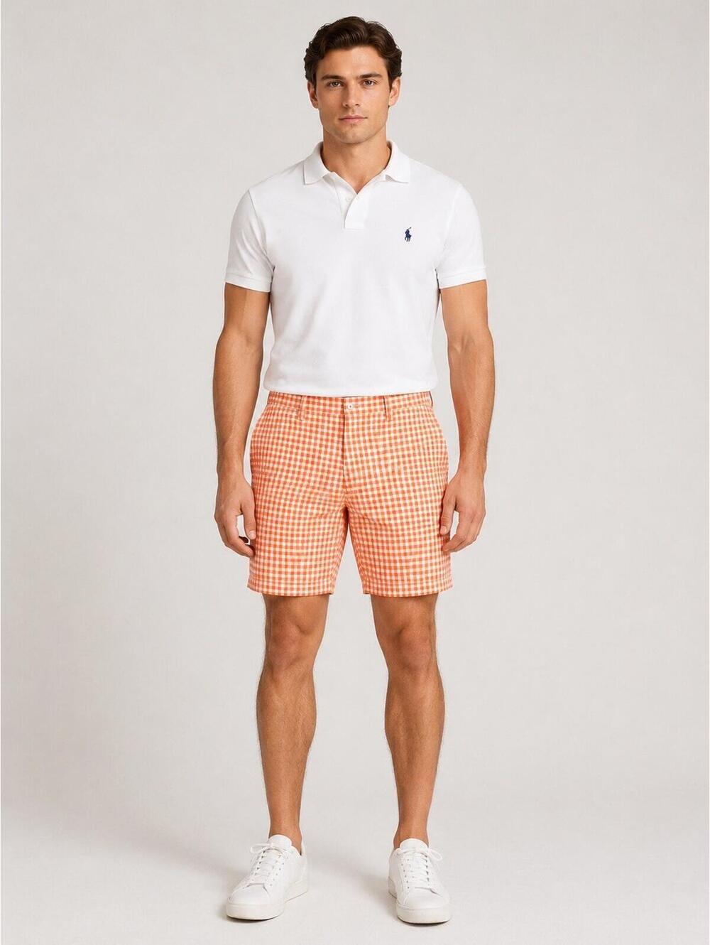 Polo Ralph Lauren Shorts Men’s 32 Orange White Check Gingham Chino Golf Outdoor